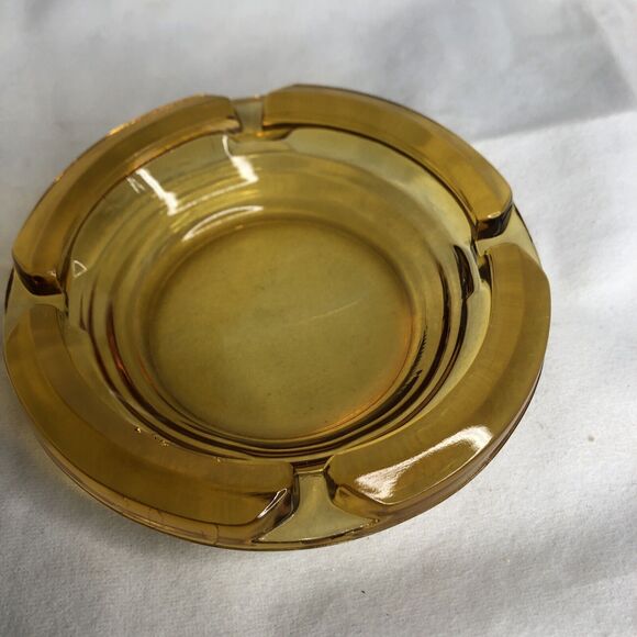 Vintage Amber Ashtray 4.5" Round Sun Yellow Heavy Thick Cut Glass - Picture 4 of 12